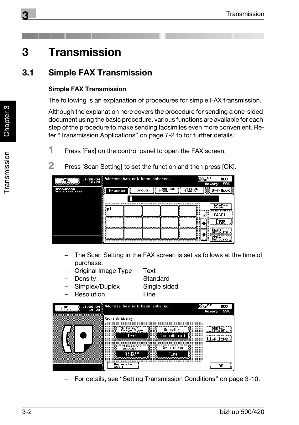 3 transmission, 1 simple fax transmission, Simple fax transmission | Transmission, Simple fax transmission -2, 3transmission | Konica Minolta bizhub 420 User Manual | Page 53 / 346