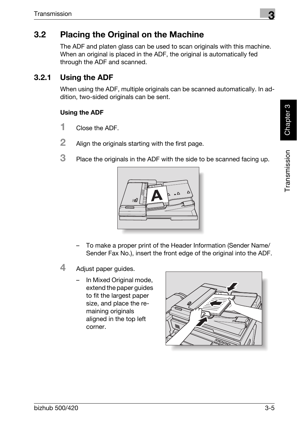 2 placing the original on the machine, 1 using the adf, Using the adf | Placing the original on the machine -5, Using the adf -5 | Konica Minolta bizhub 420 User Manual | Page 56 / 346