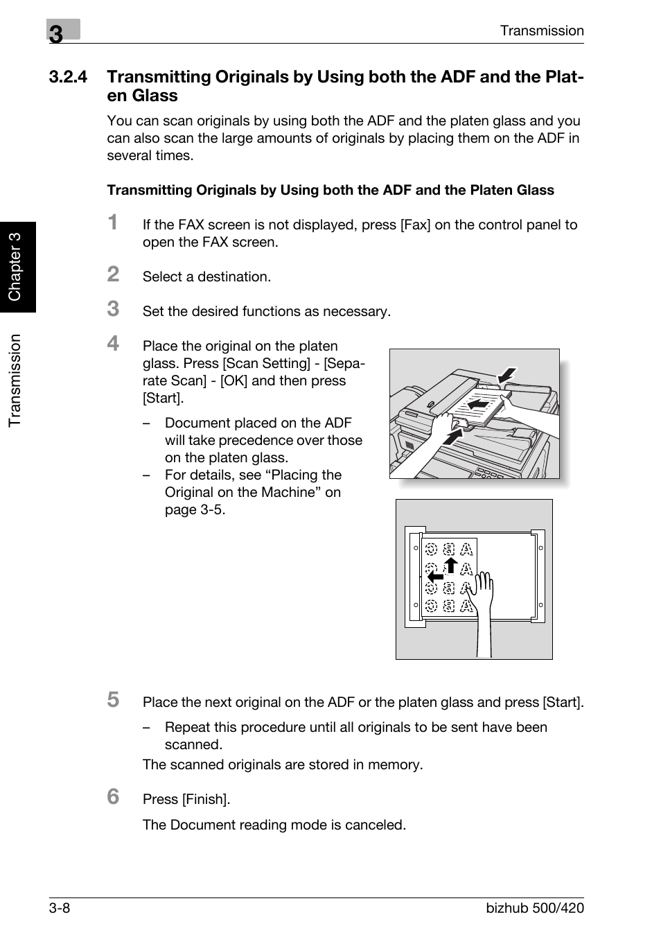 Transmitting originals by using both the adf, And the platen glass -8 | Konica Minolta bizhub 420 User Manual | Page 59 / 346