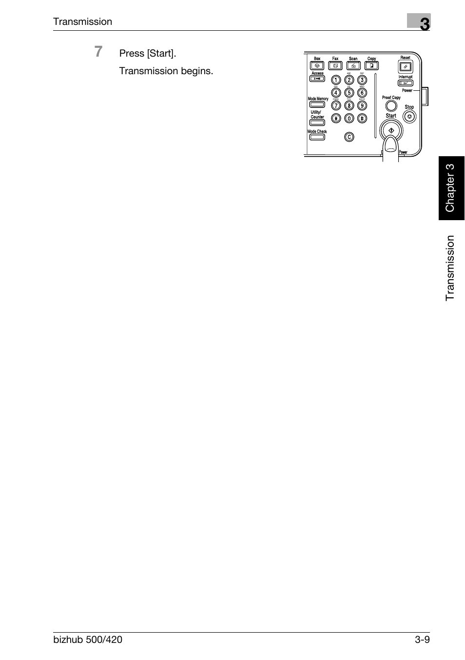 Tr an sm iss ion chapter 3, Transmission, Press [start]. transmission begins | Konica Minolta bizhub 420 User Manual | Page 60 / 346