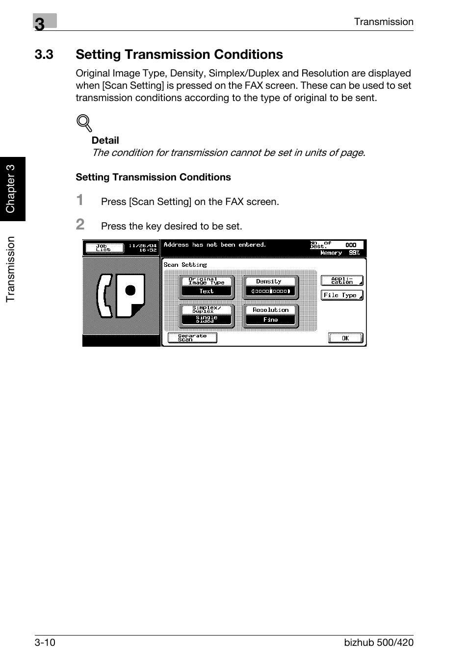 3 setting transmission conditions, Setting transmission conditions, Setting transmission conditions -10 | Konica Minolta bizhub 420 User Manual | Page 61 / 346