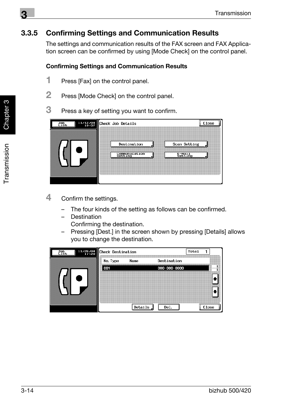 5 confirming settings and communication results, Confirming settings and communication results, Confirming settings and communication results -14 | Konica Minolta bizhub 420 User Manual | Page 65 / 346