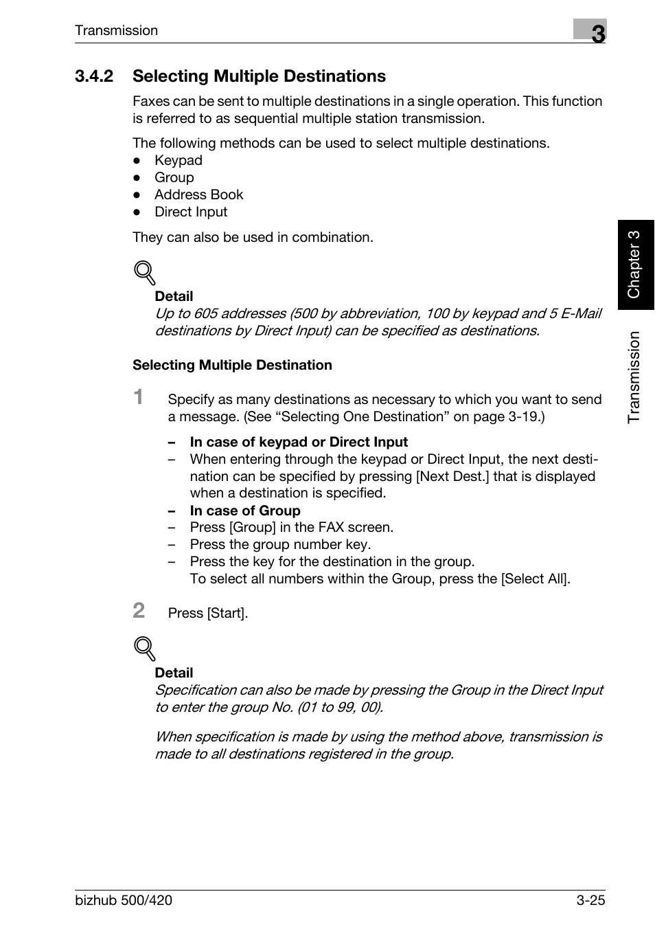 2 selecting multiple destinations, Selecting multiple destination, Selecting multiple destinations -25 | Konica Minolta bizhub 420 User Manual | Page 76 / 346