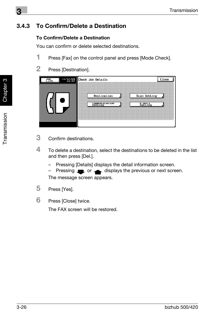 3 to confirm/delete a destination, To confirm/delete a destination, To confirm/delete a destination -26 | Konica Minolta bizhub 420 User Manual | Page 77 / 346