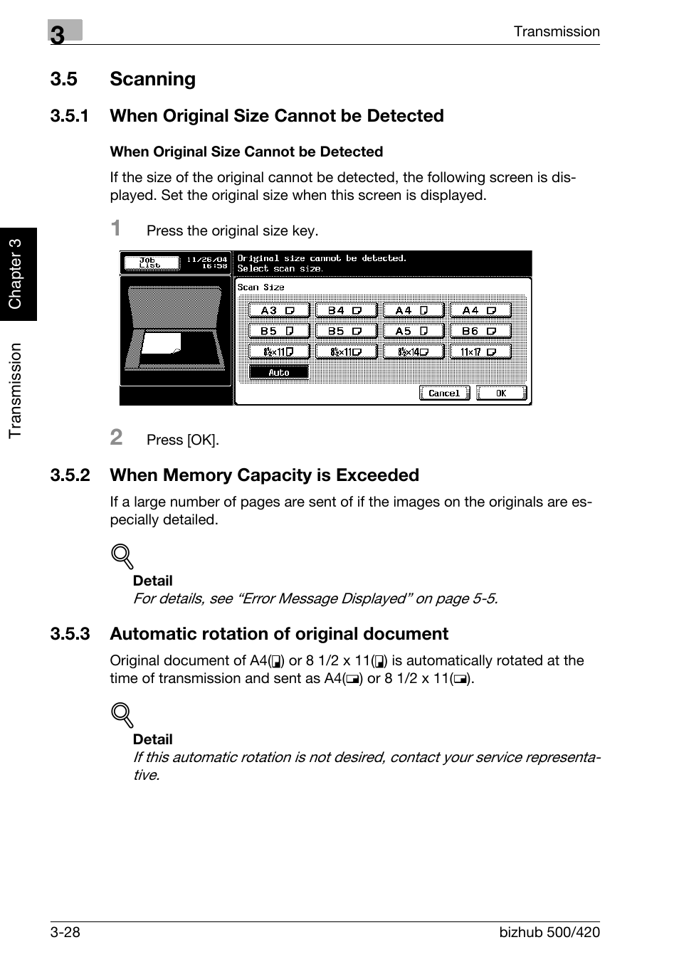 5 scanning, 1 when original size cannot be detected, When original size cannot be detected | 2 when memory capacity is exceeded, 3 automatic rotation of original document, Scanning -28, When original size cannot be detected -28, When memory capacity is exceeded -28, Automatic rotation of original document -28 | Konica Minolta bizhub 420 User Manual | Page 79 / 346