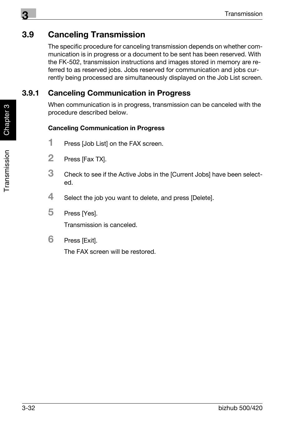 9 canceling transmission, 1 canceling communication in progress, Canceling communication in progress | Canceling transmission -32, Canceling communication in progress -32 | Konica Minolta bizhub 420 User Manual | Page 83 / 346