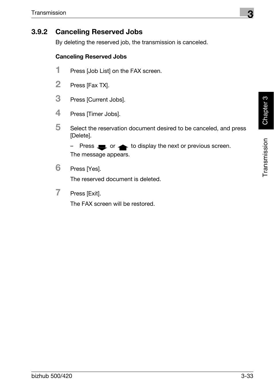 2 canceling reserved jobs, Canceling reserved jobs, Canceling reserved jobs -33 | Konica Minolta bizhub 420 User Manual | Page 84 / 346