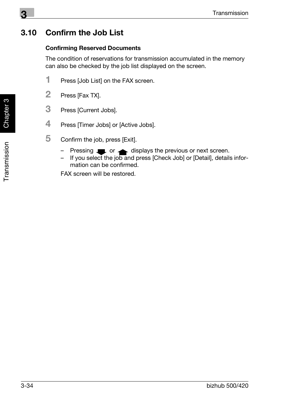 10 confirm the job list, Confirming reserved documents, Confirm the job list -34 | Konica Minolta bizhub 420 User Manual | Page 85 / 346