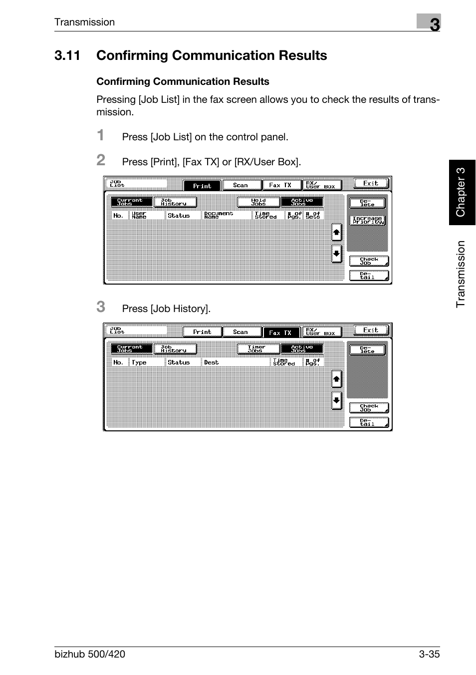 11 confirming communication results, Confirming communication results, Confirming communication results -35 | Konica Minolta bizhub 420 User Manual | Page 86 / 346