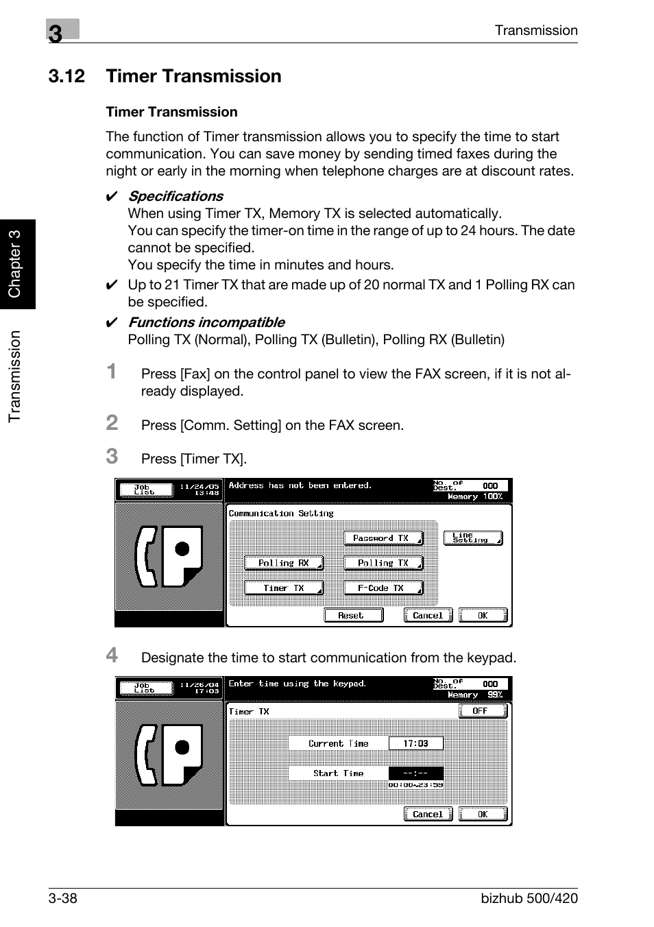 12 timer transmission, Timer transmission, Timer transmission -38 | Konica Minolta bizhub 420 User Manual | Page 89 / 346