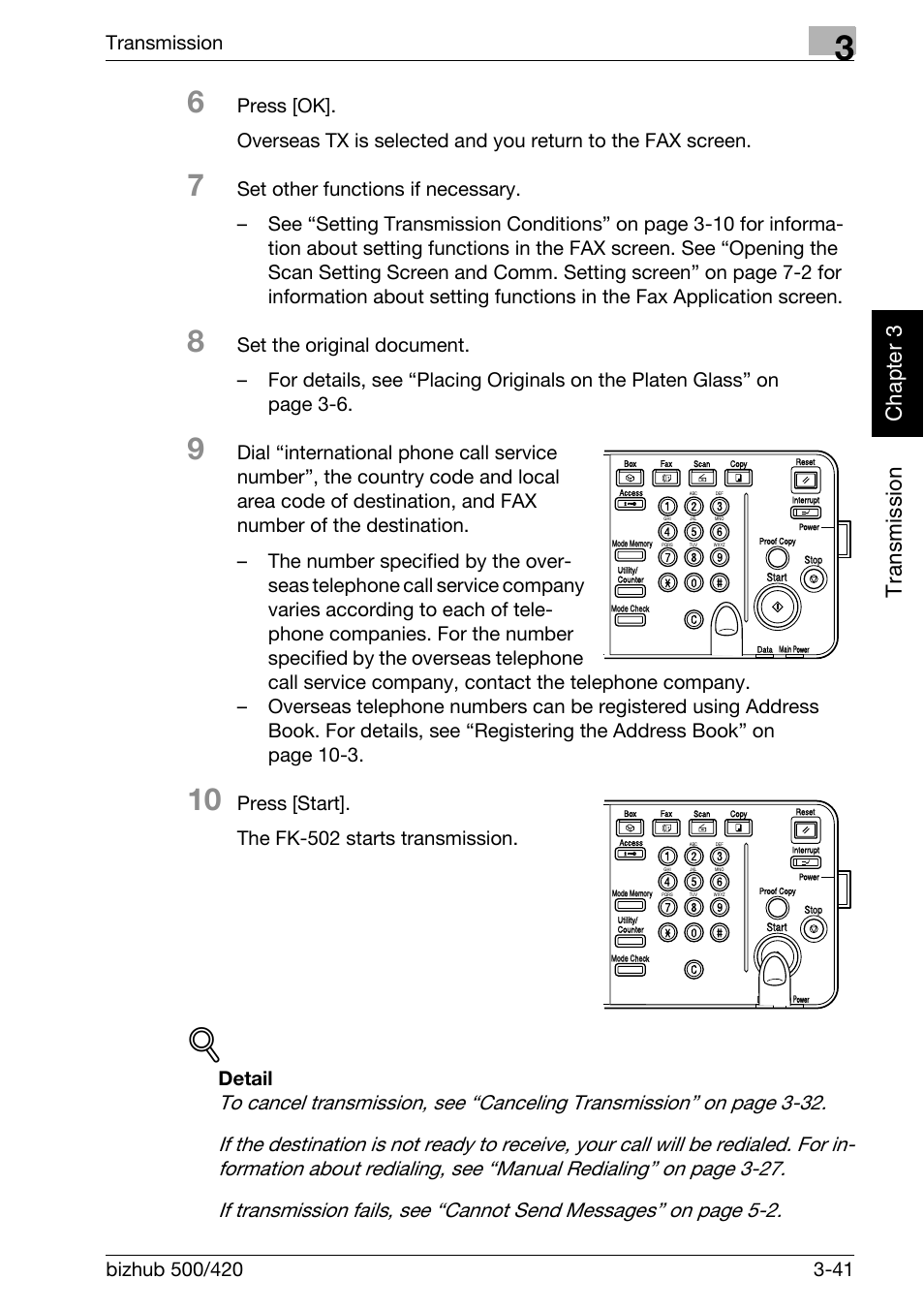 Tr an sm iss ion chapter 3, Transmission, Press [start]. the fk-502 starts transmission | Detail | Konica Minolta bizhub 420 User Manual | Page 92 / 346