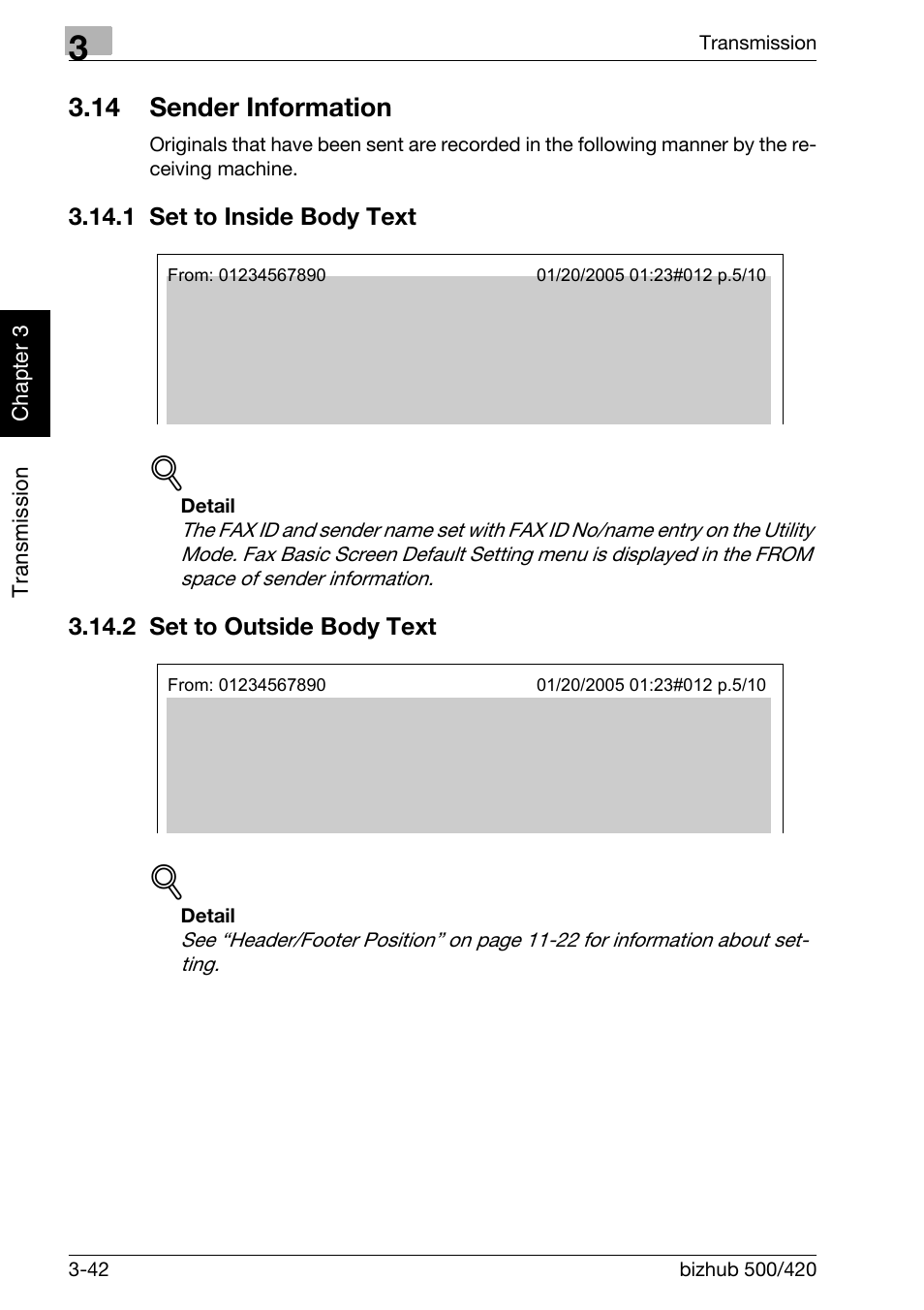 14 sender information, 1 set to inside body text, 2 set to outside body text | Sender information -42, Set to inside body text -42, Set to outside body text -42 | Konica Minolta bizhub 420 User Manual | Page 93 / 346