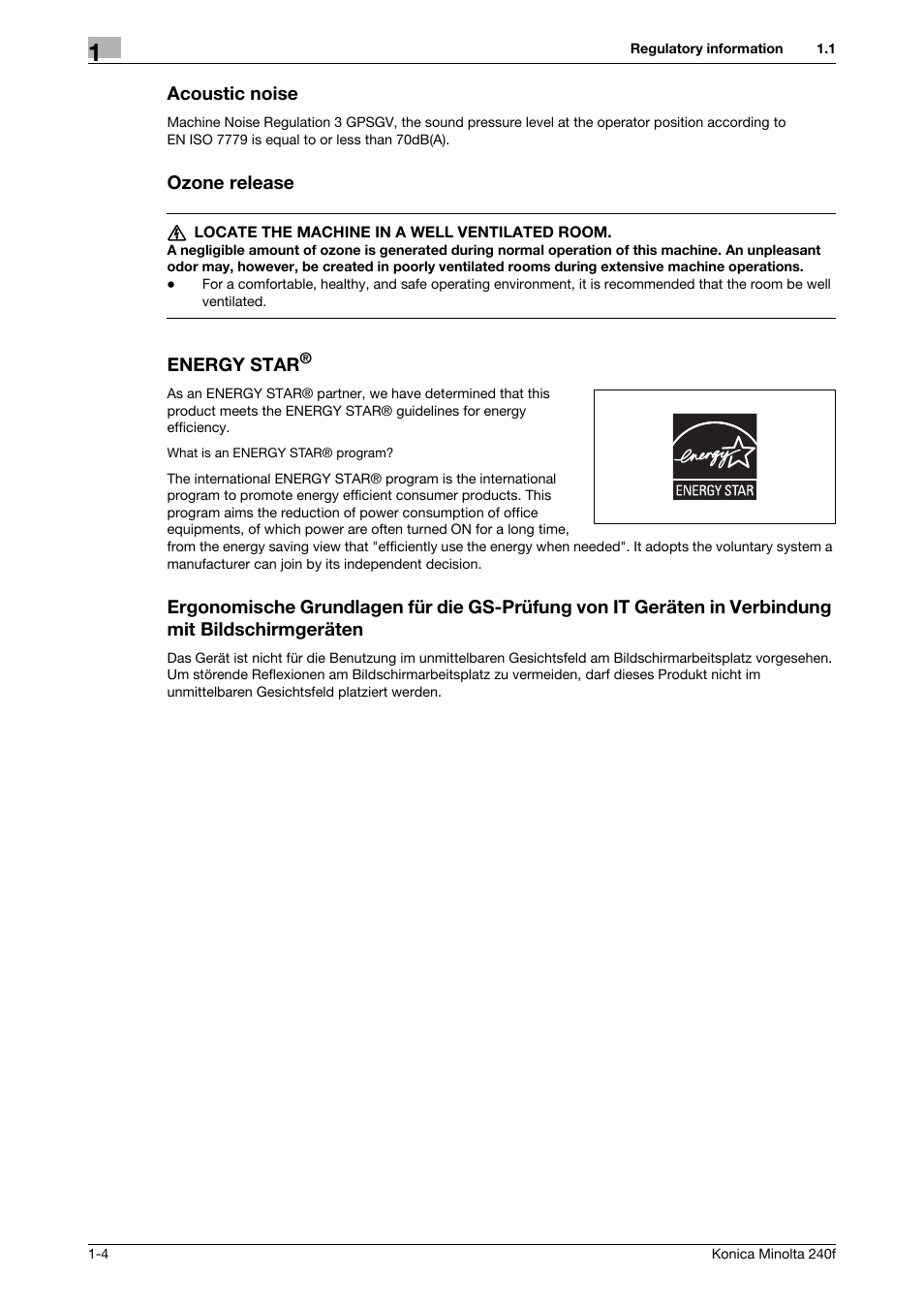 Acoustic noise, Ozone release, Energy star | Konica Minolta Konica Minolta 240f User Manual | Page 10 / 140