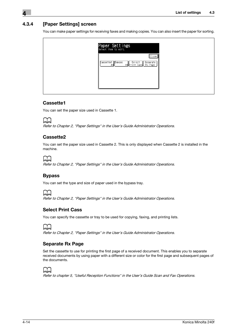 4 [paper settings] screen, Cassette1, Cassette2 | Bypass, Select print cass, Paper settings] screen -14 | Konica Minolta Konica Minolta 240f User Manual | Page 100 / 140