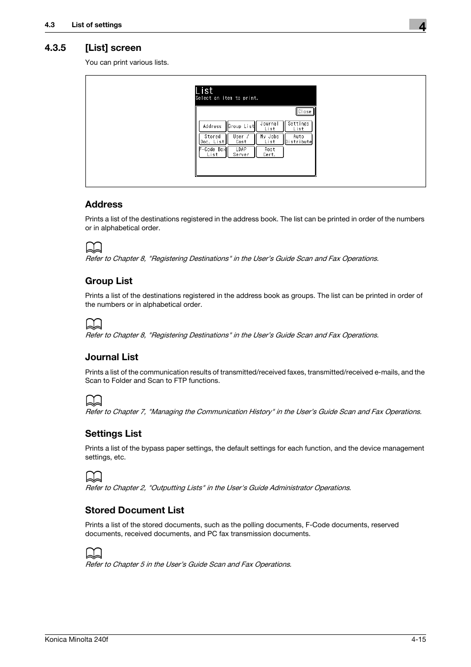 5 [list] screen, Address, Group list | Journal list, Settings list, Stored document list, List] screen -15 | Konica Minolta Konica Minolta 240f User Manual | Page 101 / 140