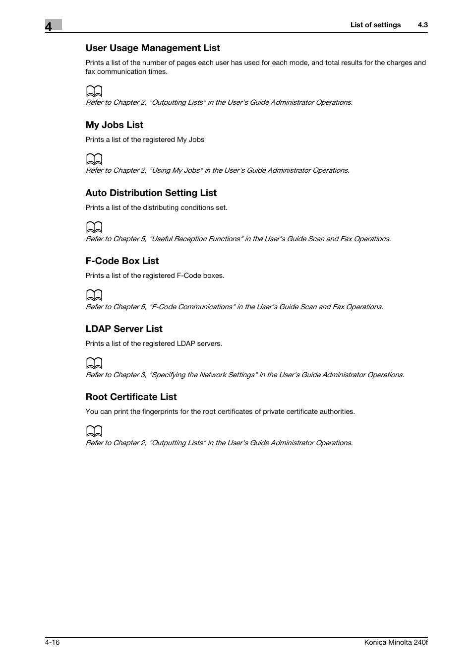 User usage management list, My jobs list, Auto distribution setting list | F-code box list, Ldap server list, Root certificate list | Konica Minolta Konica Minolta 240f User Manual | Page 102 / 140