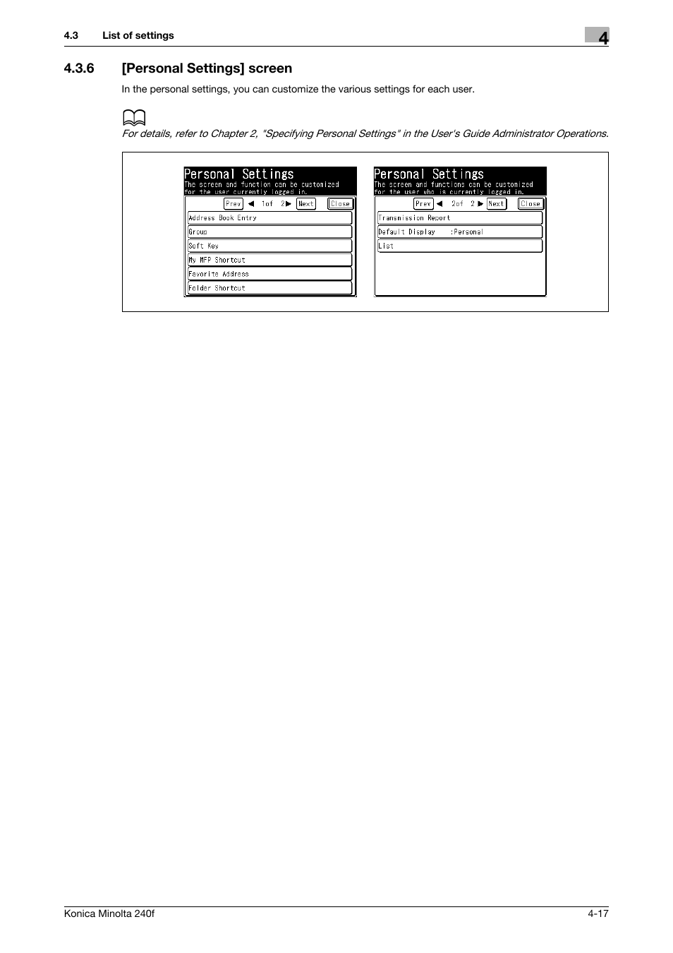 6 [personal settings] screen, Personal settings] screen -17 | Konica Minolta Konica Minolta 240f User Manual | Page 103 / 140