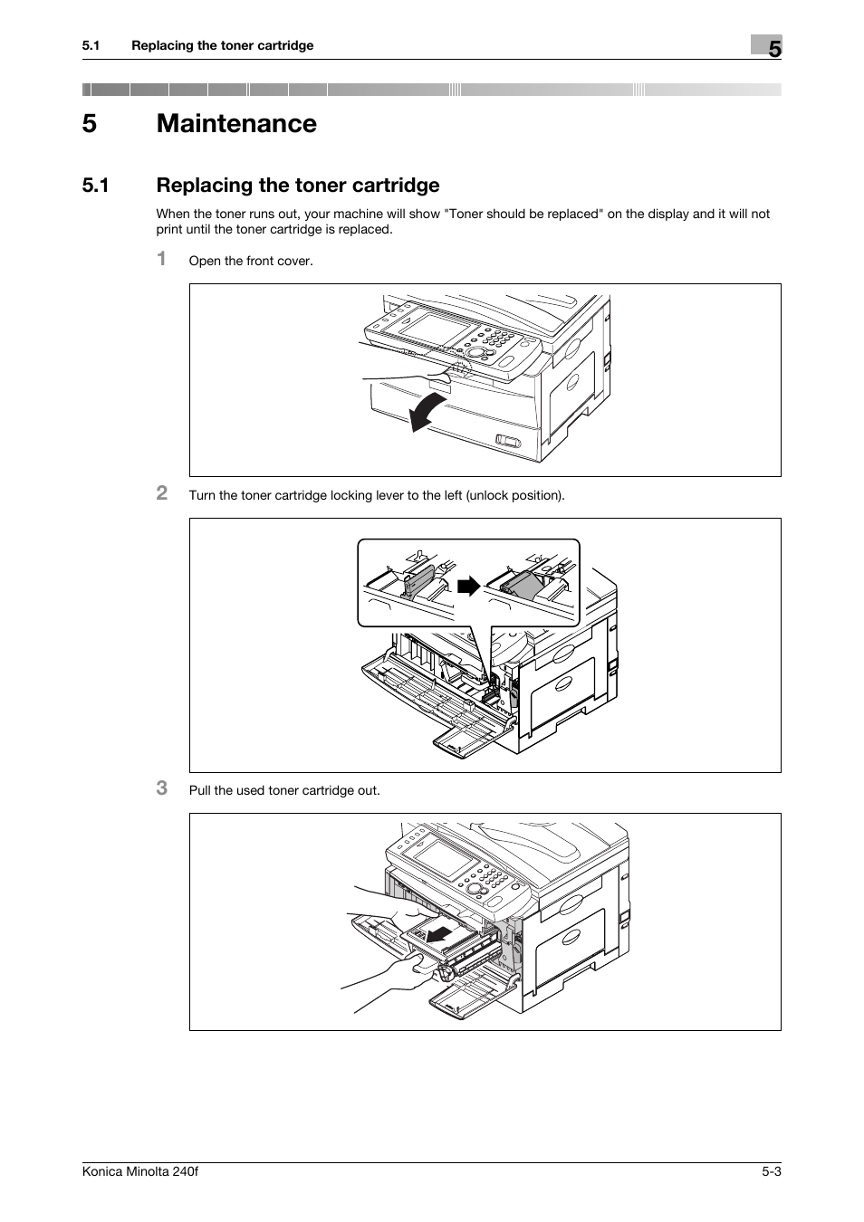 5 maintenance, 1 replacing the toner cartridge, Maintenance | Replacing the toner cartridge -3, 5maintenance | Konica Minolta Konica Minolta 240f User Manual | Page 107 / 140