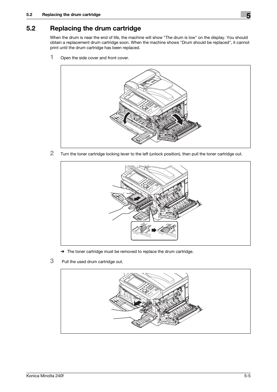 2 replacing the drum cartridge, Replacing the drum cartridge -5 | Konica Minolta Konica Minolta 240f User Manual | Page 109 / 140