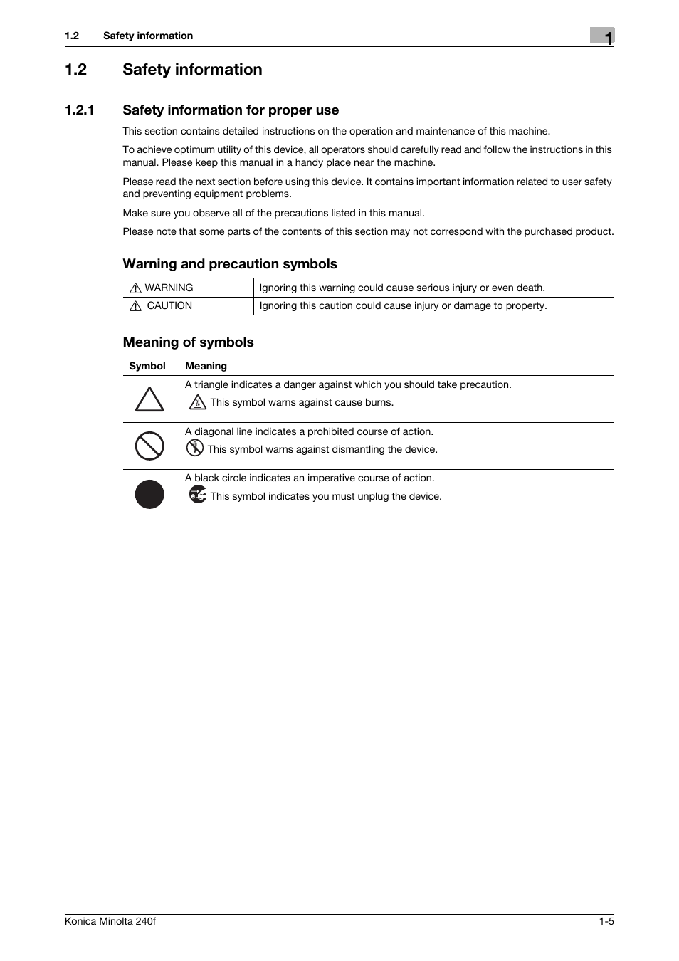 2 safety information, 1 safety information for proper use, Warning and precaution symbols | Meaning of symbols, Safety information -5, Safety information for proper use -5, Warning and precaution symbols meaning of symbols | Konica Minolta Konica Minolta 240f User Manual | Page 11 / 140