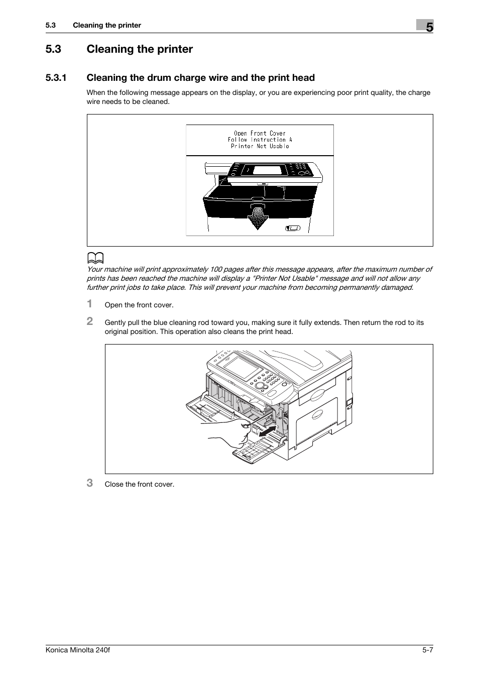 3 cleaning the printer, 1 cleaning the drum charge wire and the print head, Cleaning the printer -7 | Konica Minolta Konica Minolta 240f User Manual | Page 111 / 140