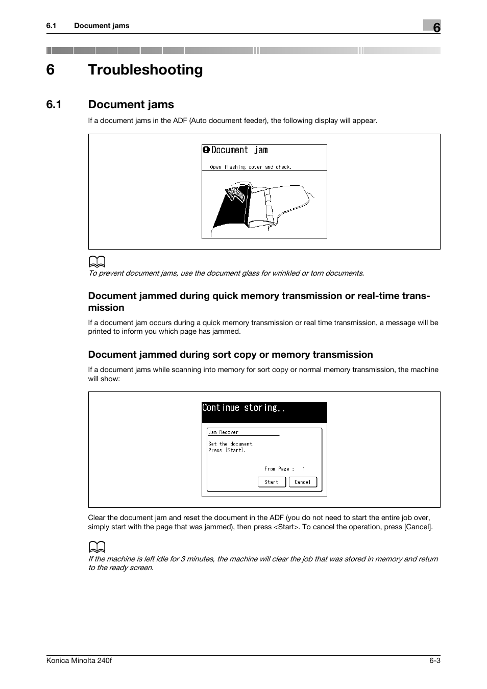 6 troubleshooting, 1 document jams, Troubleshooting | Document jams -3, 6troubleshooting | Konica Minolta Konica Minolta 240f User Manual | Page 115 / 140