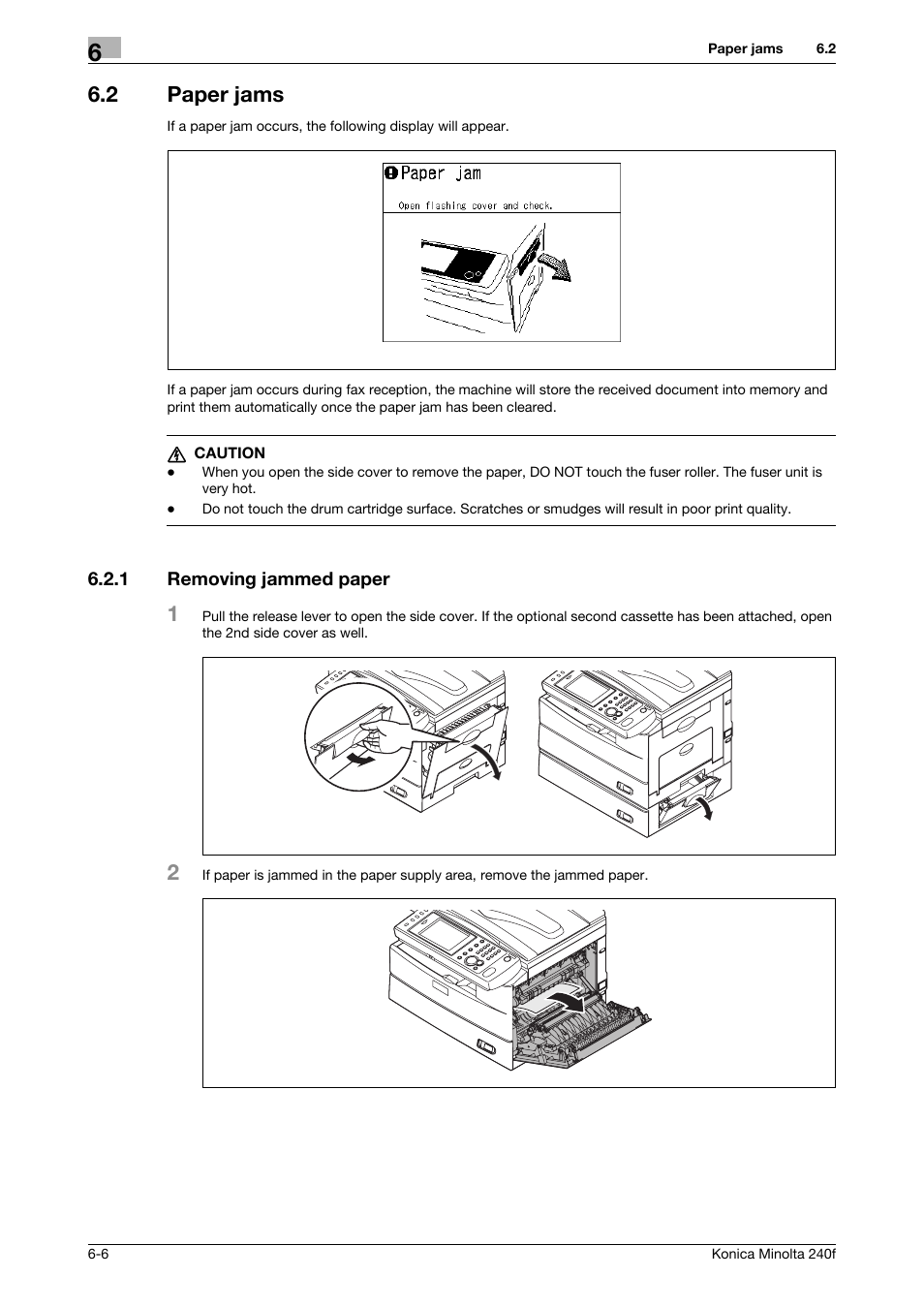 2 paper jams, 1 removing jammed paper, Paper jams -6 | Removing jammed paper -6 | Konica Minolta Konica Minolta 240f User Manual | Page 118 / 140