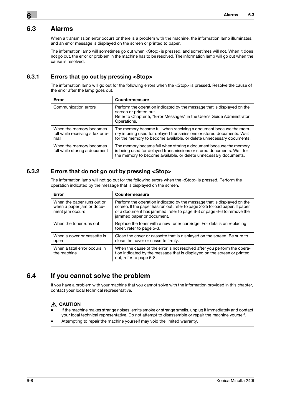 3 alarms, 1 errors that go out by pressing <stop, 2 errors that do not go out by pressing <stop | 4 if you cannot solve the problem, Alarms -8, Errors that go out by pressing <stop> -8, Errors that do not go out by pressing <stop> -8, If you cannot solve the problem -8 | Konica Minolta Konica Minolta 240f User Manual | Page 120 / 140