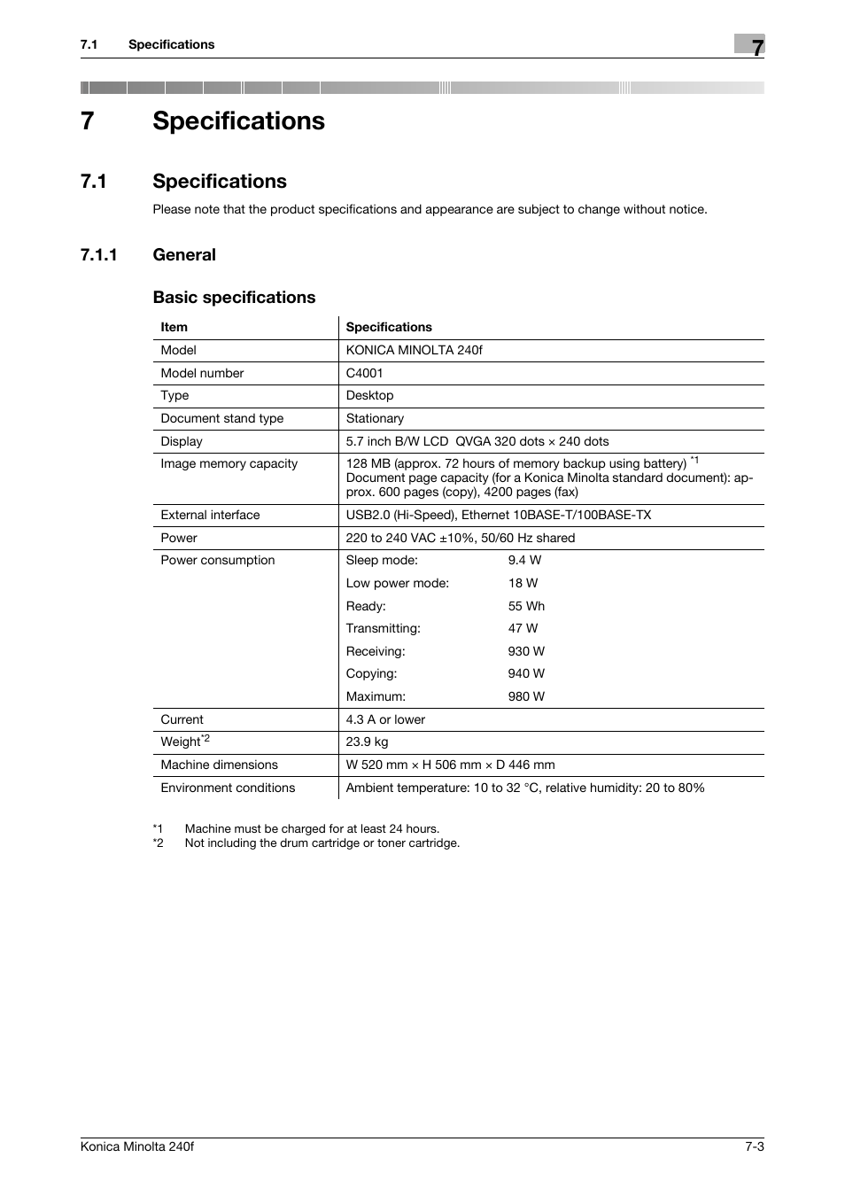 7 specifications, 1 specifications, 1 general | Basic specifications, Specifications, Specifications -3, General -3, 7specifications, 1 general basic specifications | Konica Minolta Konica Minolta 240f User Manual | Page 123 / 140