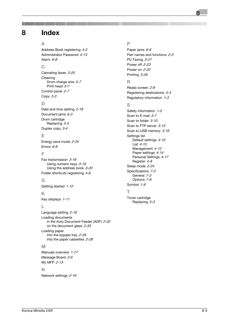 8 index, Index, 8index | Konica Minolta Konica Minolta 240f User Manual | Page 133 / 140