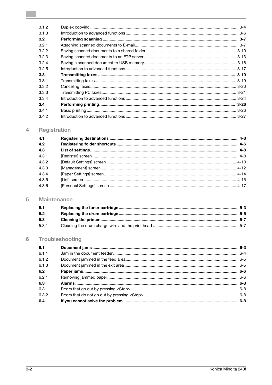 4registration, 5maintenance, 6troubleshooting | Konica Minolta Konica Minolta 240f User Manual | Page 136 / 140