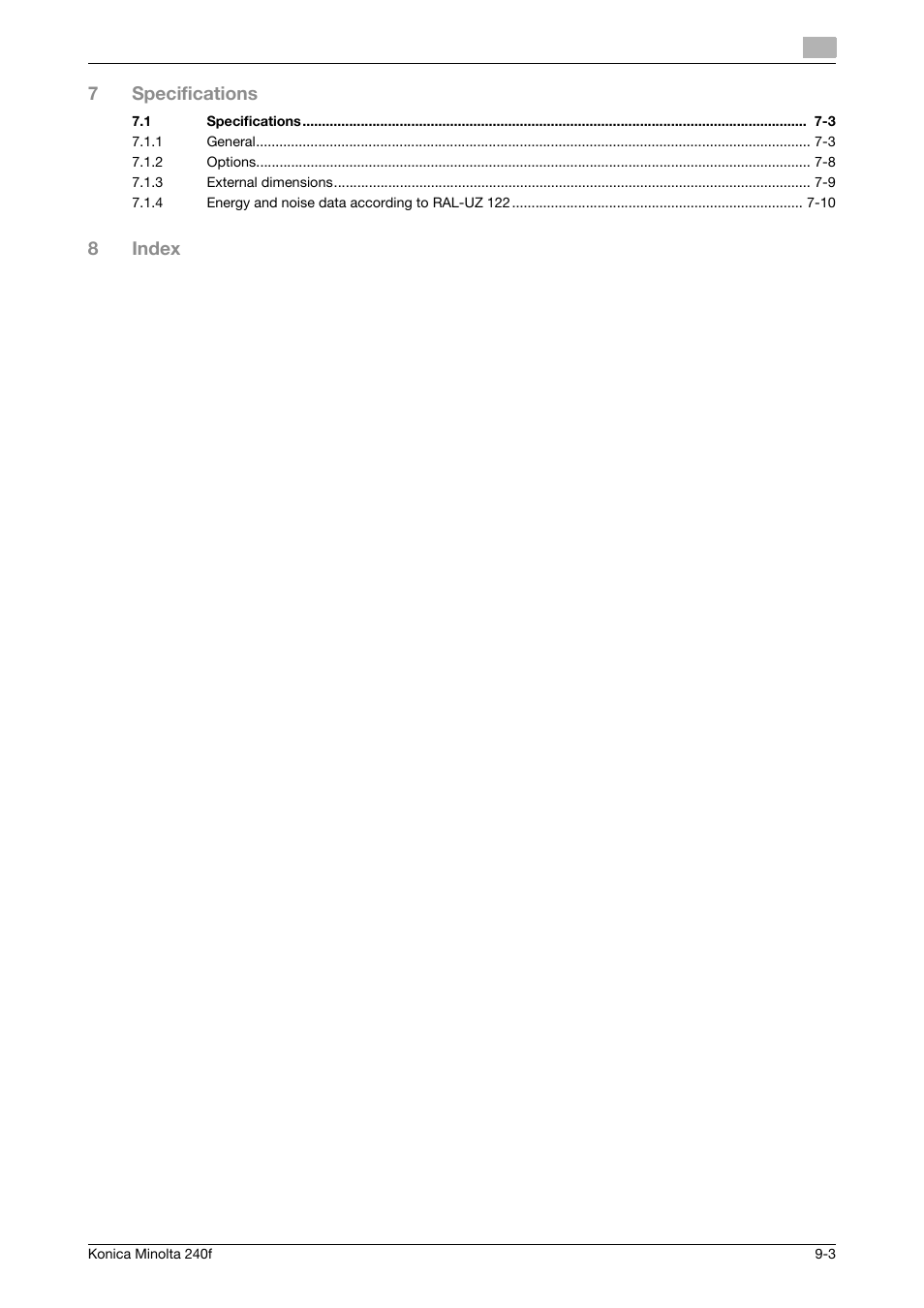 7specifications, 8index | Konica Minolta Konica Minolta 240f User Manual | Page 137 / 140