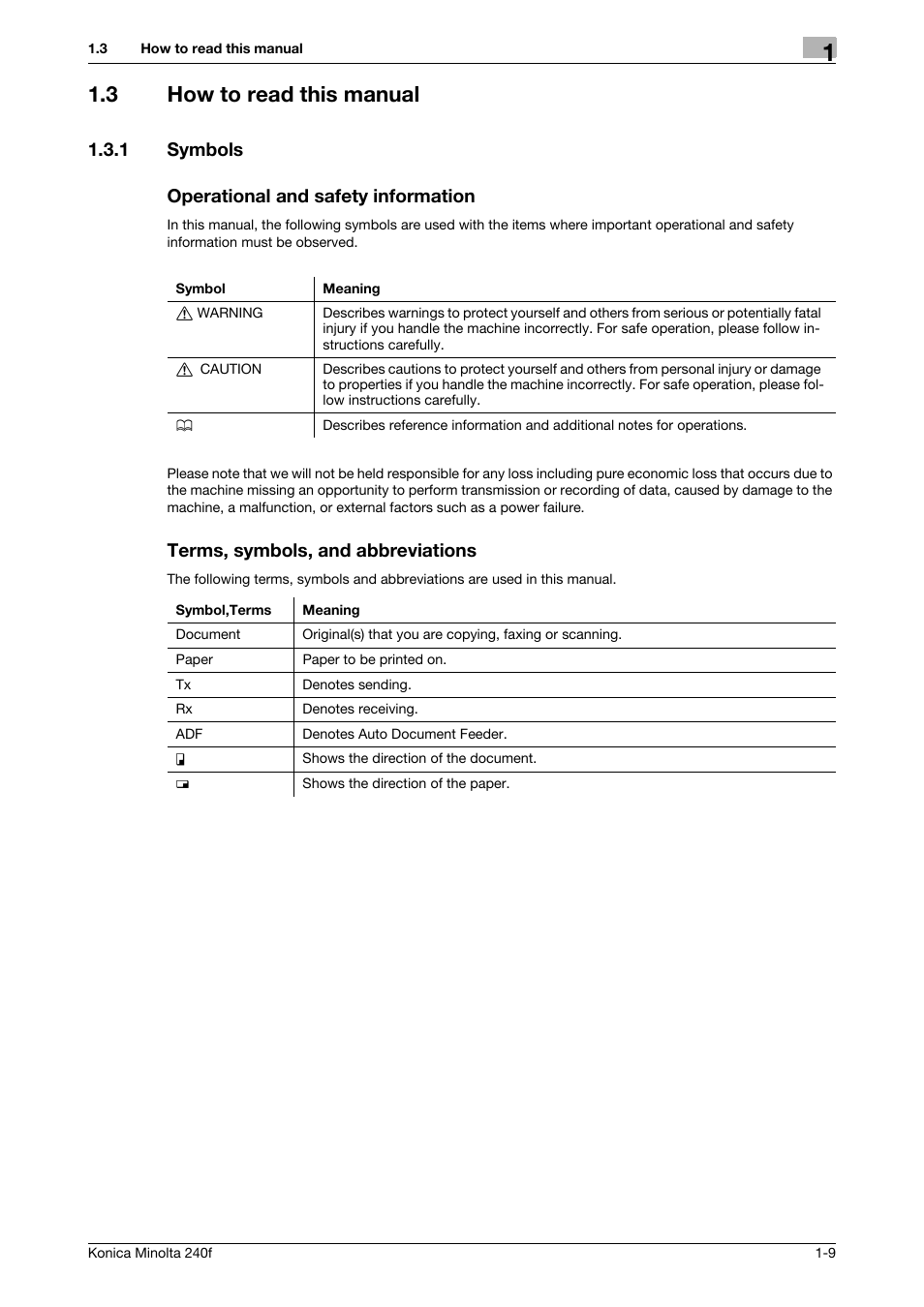 3 how to read this manual, 1 symbols, Operational and safety information | Terms, symbols, and abbreviations, How to read this manual -9, Symbols -9, 1 symbols operational and safety information | Konica Minolta Konica Minolta 240f User Manual | Page 15 / 140