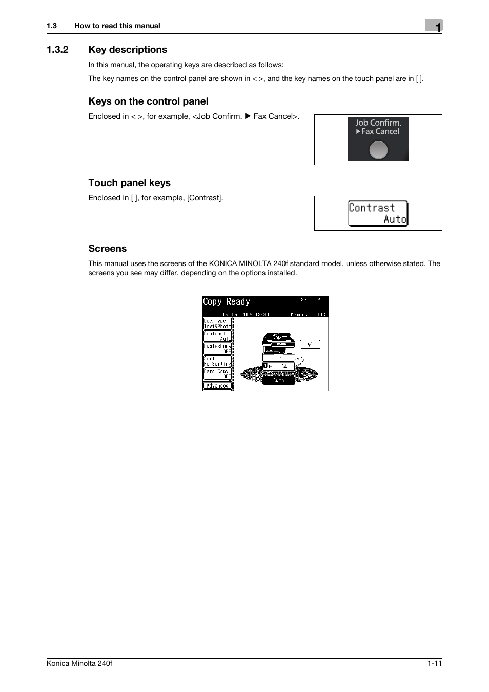 2 key descriptions, Keys on the control panel, Touch panel keys | Screens, Key descriptions -11 | Konica Minolta Konica Minolta 240f User Manual | Page 17 / 140