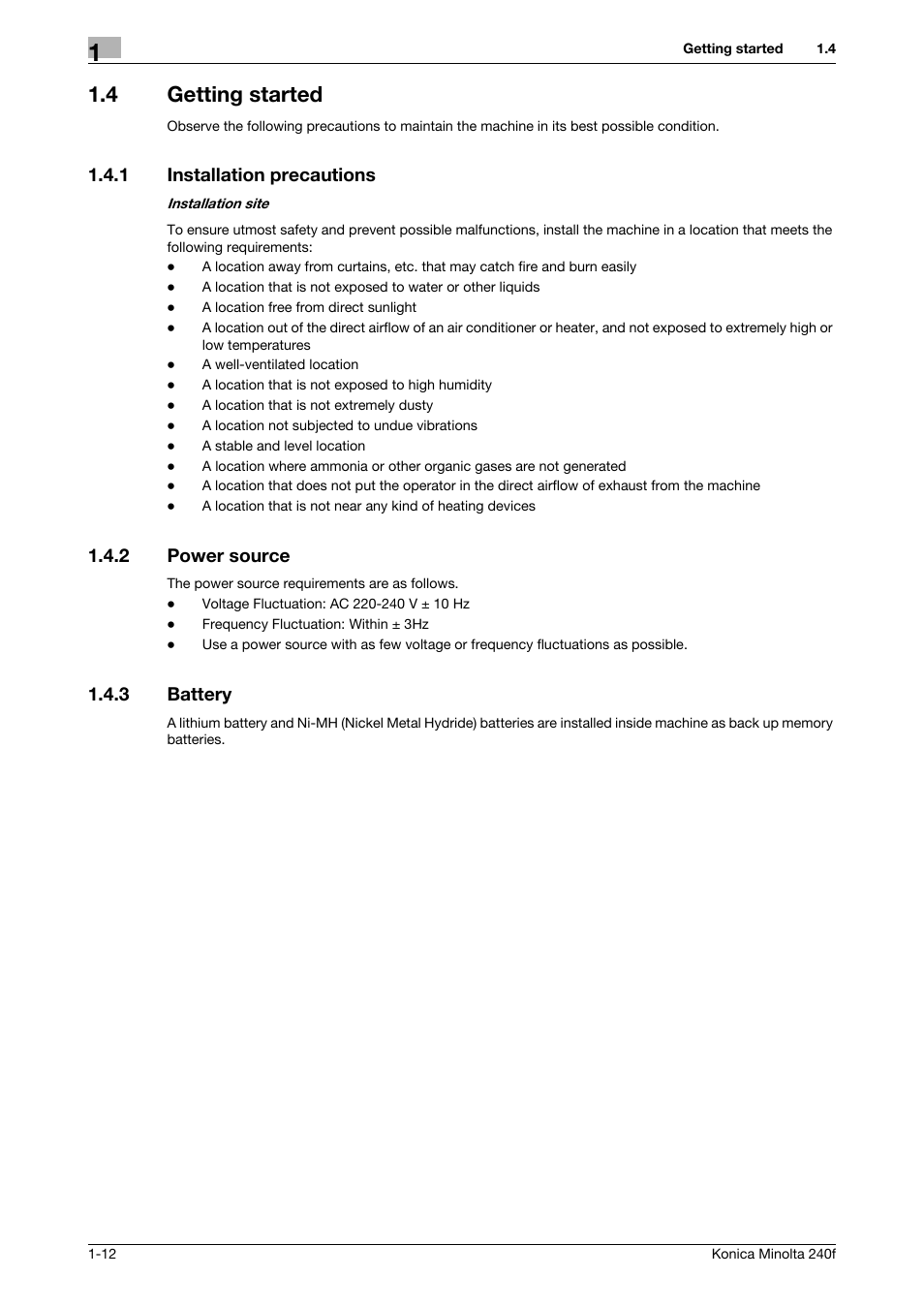 4 getting started, 1 installation precautions, 2 power source | 3 battery, Getting started -12, Installation precautions -12, Power source -12, Battery -12 | Konica Minolta Konica Minolta 240f User Manual | Page 18 / 140
