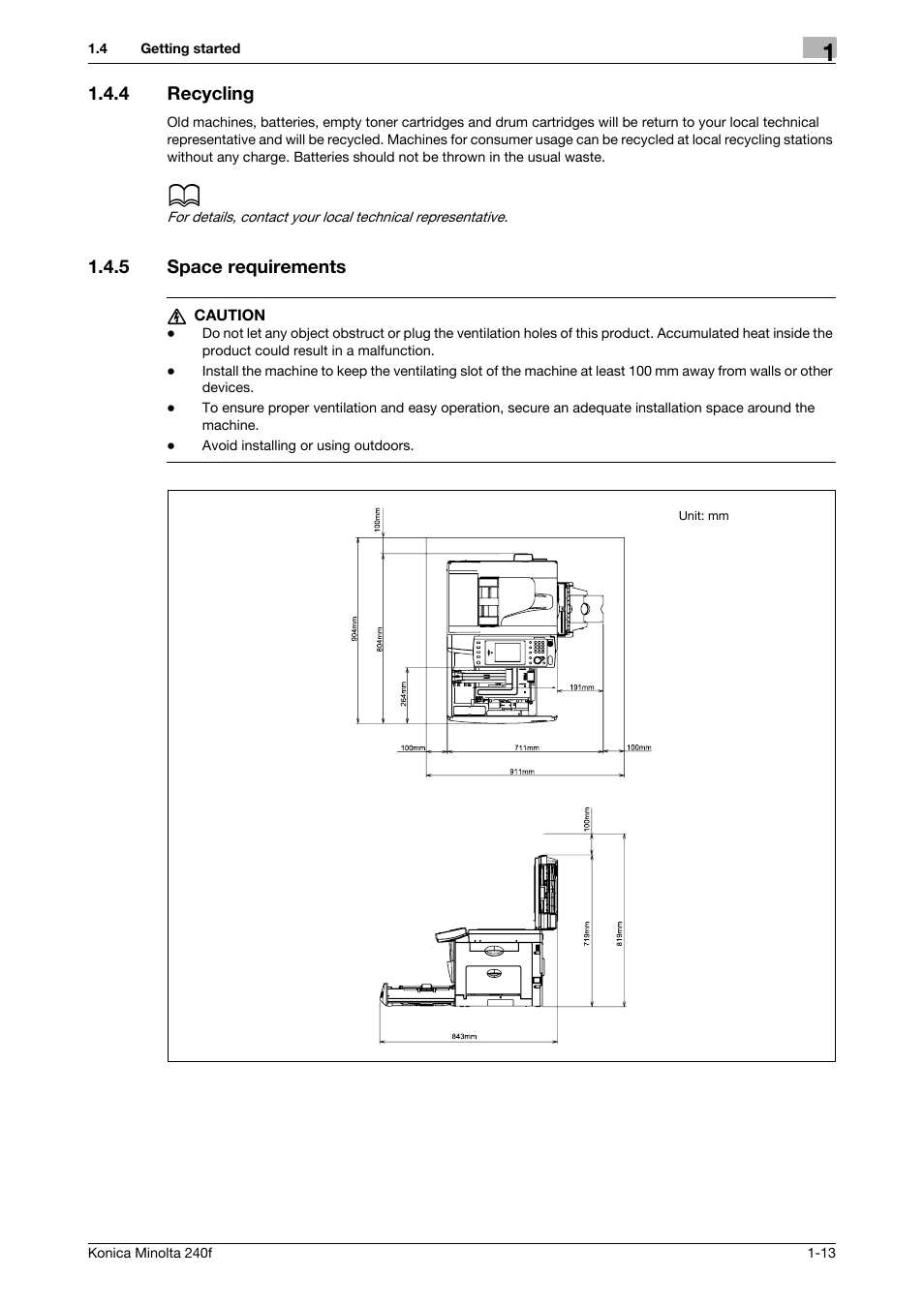 4 recycling, 5 space requirements, Recycling -13 | Space requirements -13 | Konica Minolta Konica Minolta 240f User Manual | Page 19 / 140
