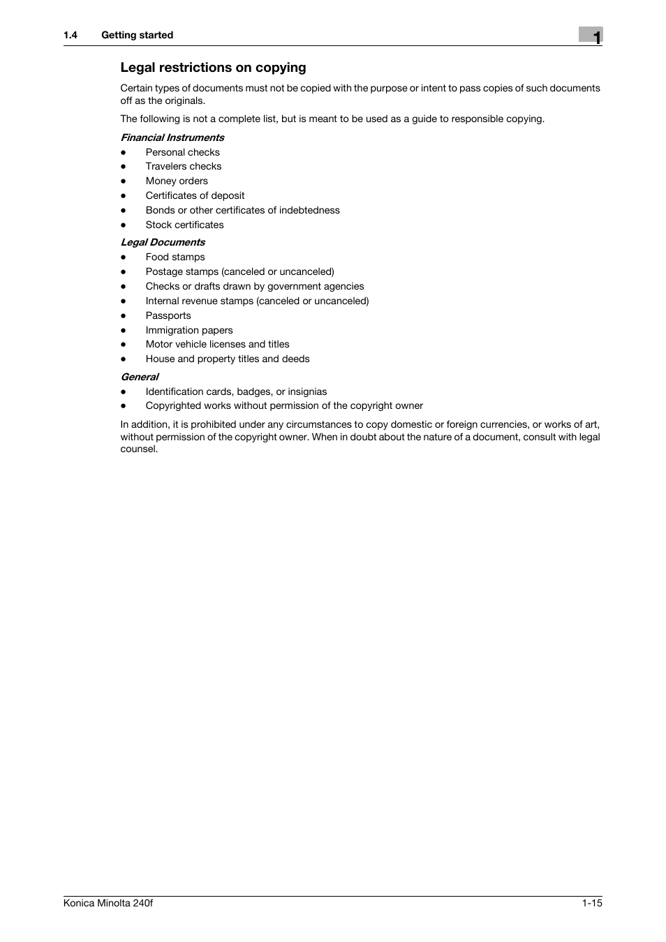 Legal restrictions on copying | Konica Minolta Konica Minolta 240f User Manual | Page 21 / 140