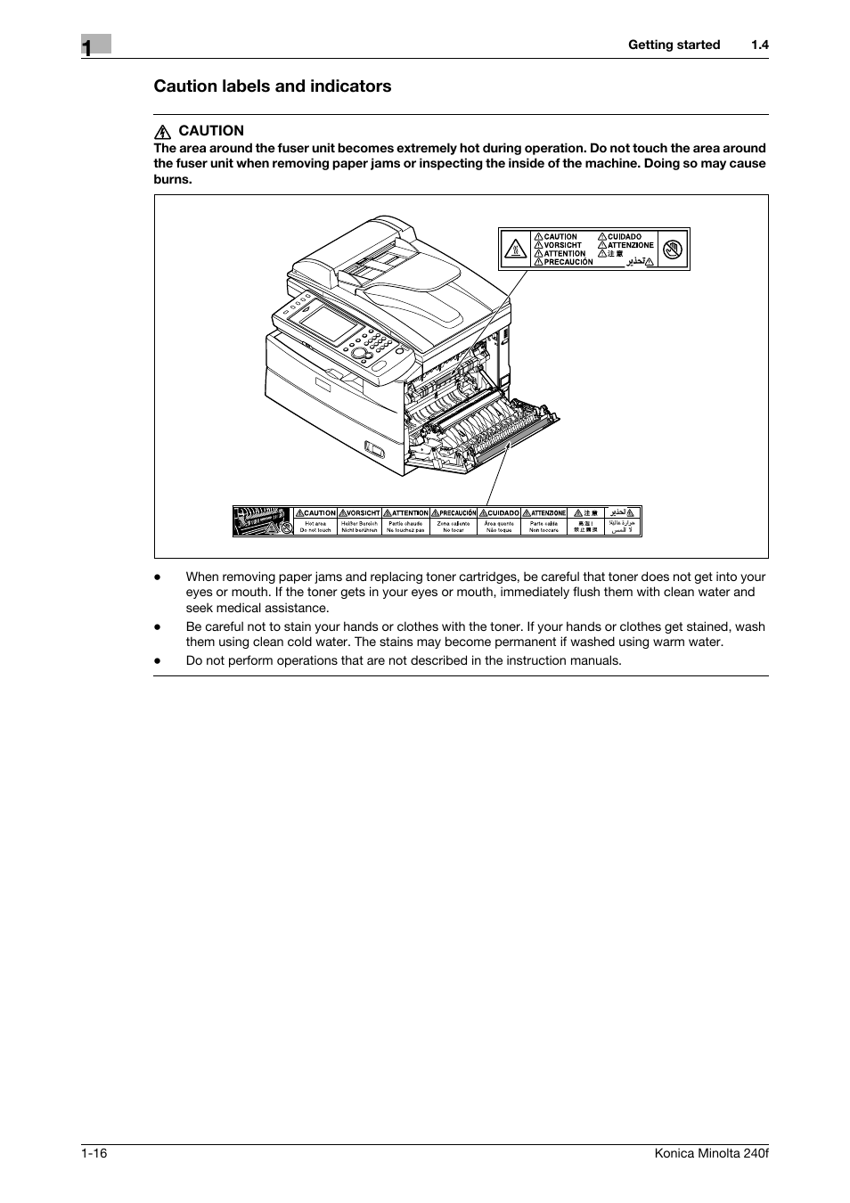 Caution labels and indicators | Konica Minolta Konica Minolta 240f User Manual | Page 22 / 140