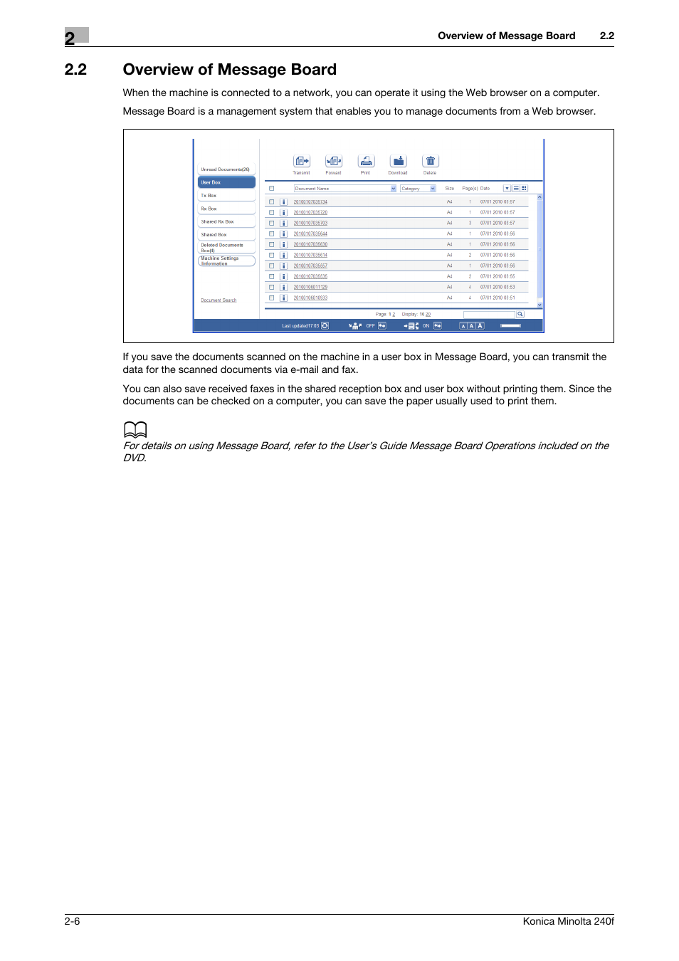 2 overview of message board, Overview of message board -6 | Konica Minolta Konica Minolta 240f User Manual | Page 30 / 140