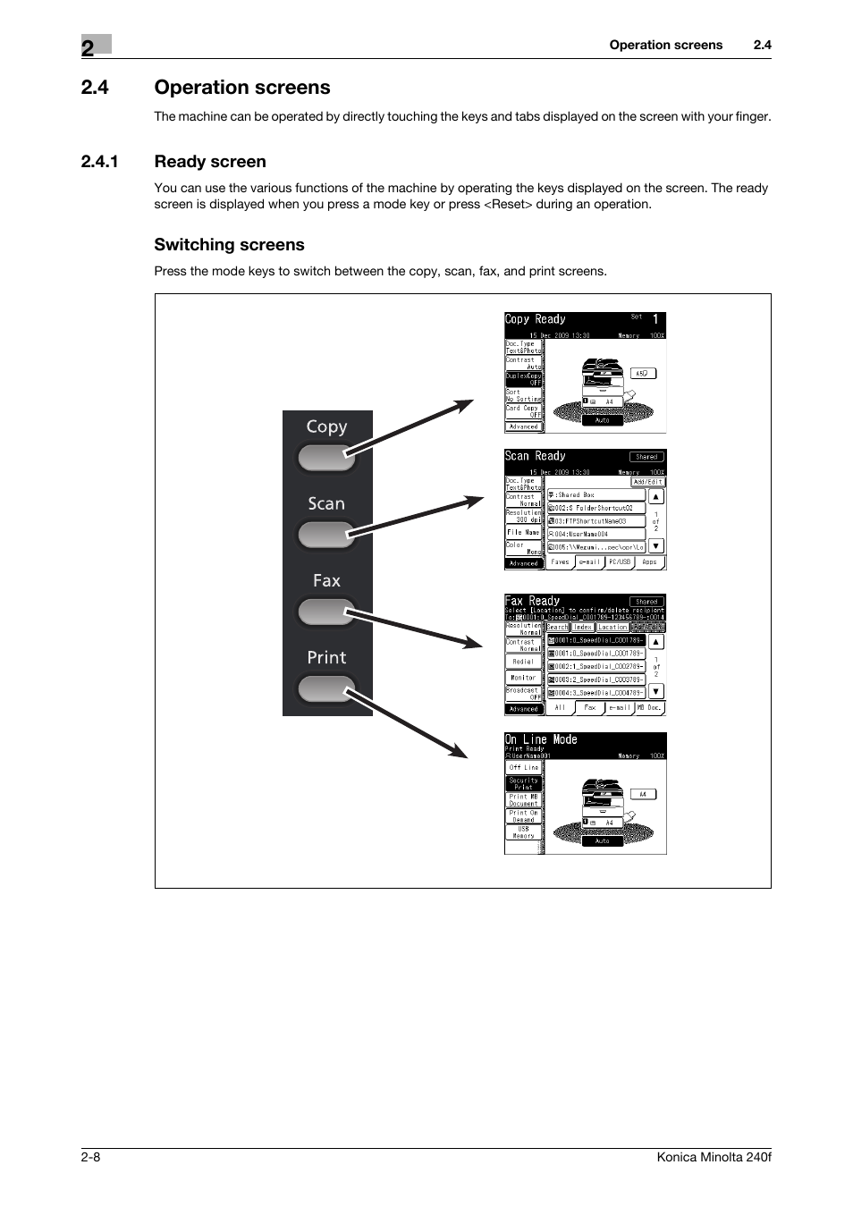 4 operation screens, 1 ready screen, Switching screens | Operation screens -8, Ready screen -8 | Konica Minolta Konica Minolta 240f User Manual | Page 32 / 140