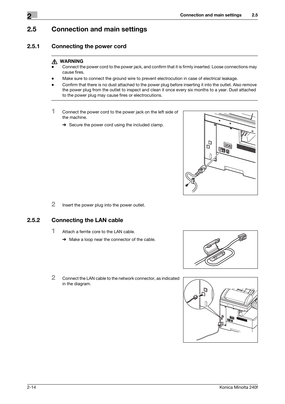 5 connection and main settings, 1 connecting the power cord, 2 connecting the lan cable | Connection and main settings -14, Connecting the power cord -14, Connecting the lan cable -14 | Konica Minolta Konica Minolta 240f User Manual | Page 38 / 140