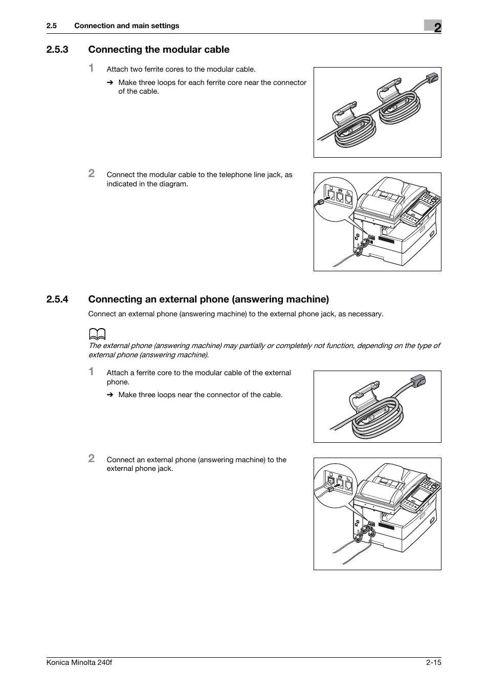 3 connecting the modular cable, 4 connecting an external phone (answering machine), Connecting the modular cable -15 | Konica Minolta Konica Minolta 240f User Manual | Page 39 / 140