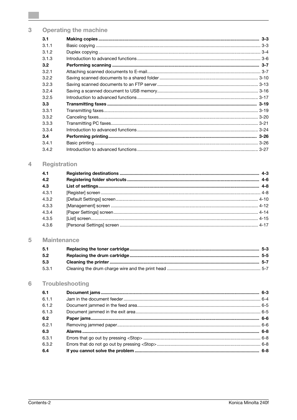 3operating the machine, 4registration, 5maintenance | 6troubleshooting | Konica Minolta Konica Minolta 240f User Manual | Page 4 / 140