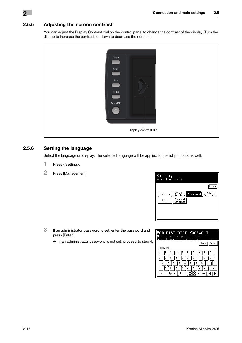 5 adjusting the screen contrast, 6 setting the language, Adjusting the screen contrast -16 | Setting the language -16 | Konica Minolta Konica Minolta 240f User Manual | Page 40 / 140