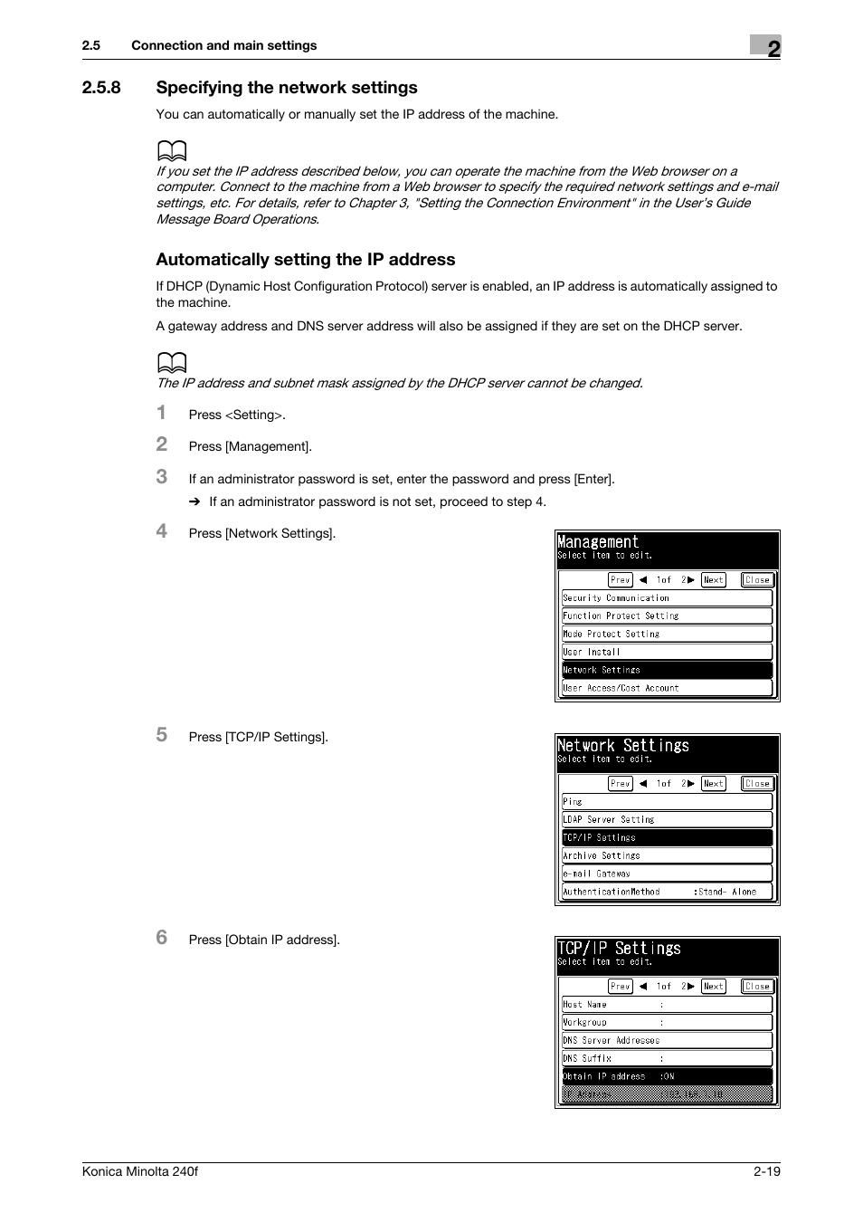 8 specifying the network settings, Automatically setting the ip address, Specifying the network settings -19 | Konica Minolta Konica Minolta 240f User Manual | Page 43 / 140