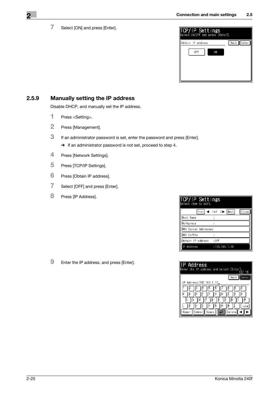 9 manually setting the ip address, Manually setting the ip address -20 | Konica Minolta Konica Minolta 240f User Manual | Page 44 / 140