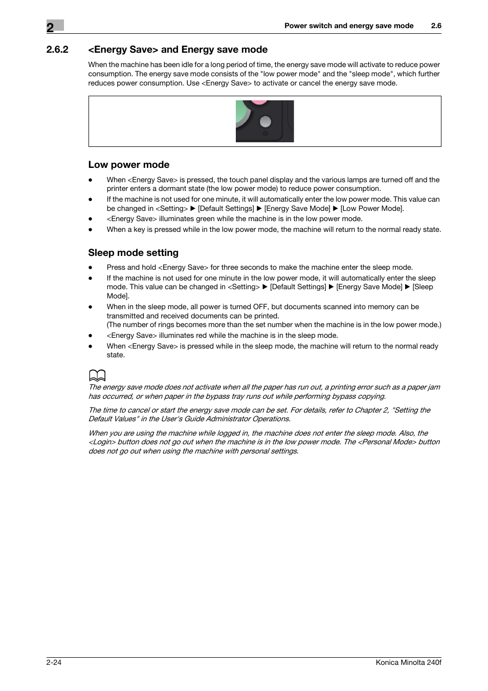 2 <energy save> and energy save mode, Low power mode, Sleep mode setting | Energy save> and energy save mode -24 | Konica Minolta Konica Minolta 240f User Manual | Page 48 / 140