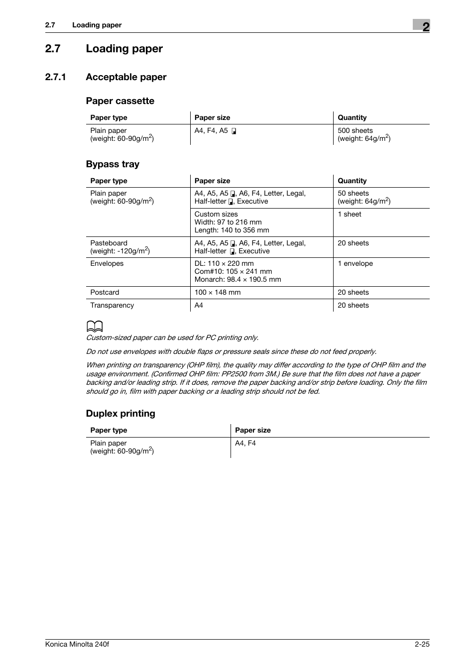 7 loading paper, 1 acceptable paper, Paper cassette | Bypass tray, Duplex printing, Loading paper -25, Acceptable paper -25, 1 acceptable paper paper cassette bypass tray | Konica Minolta Konica Minolta 240f User Manual | Page 49 / 140