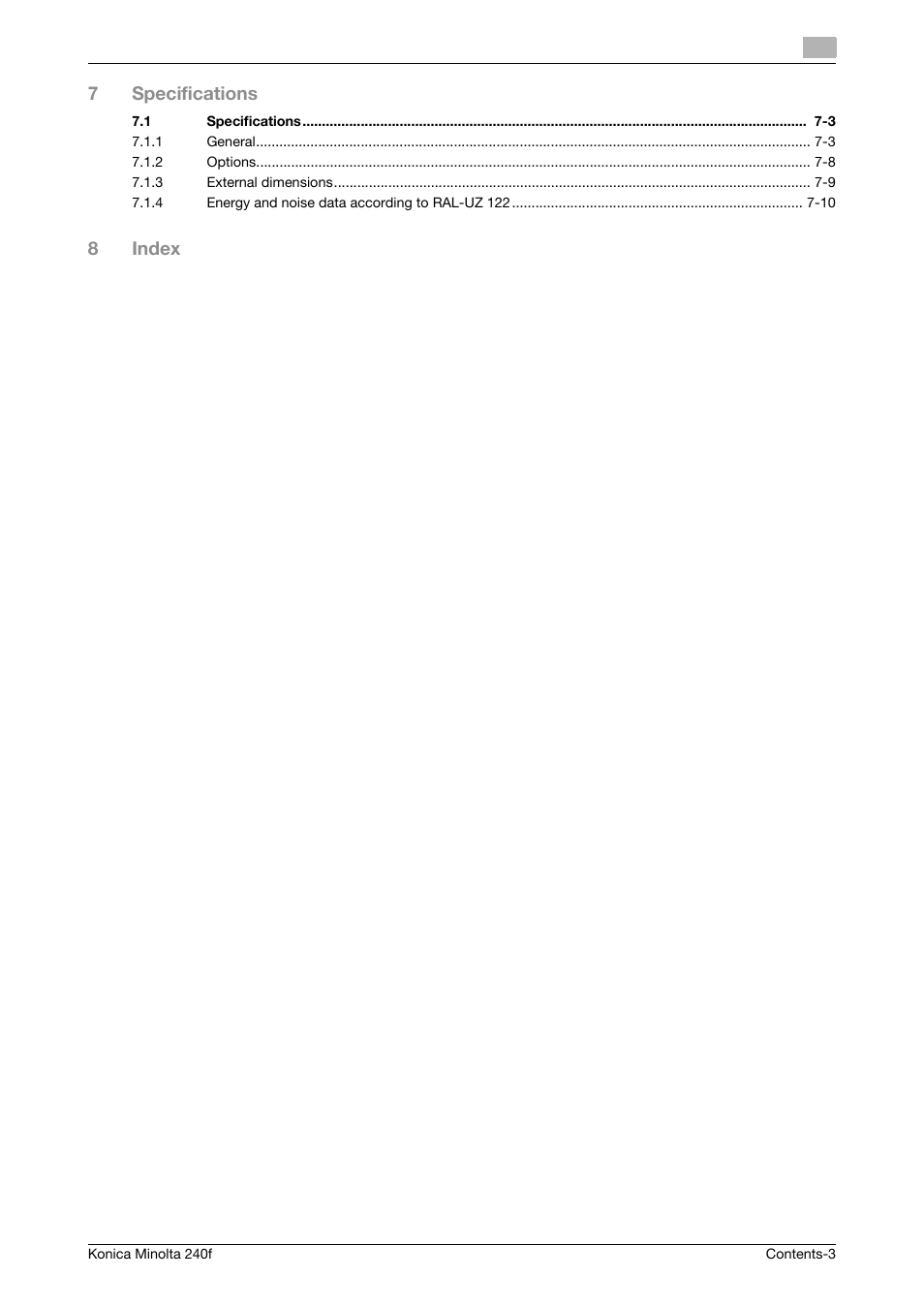 7specifications, 8index | Konica Minolta Konica Minolta 240f User Manual | Page 5 / 140