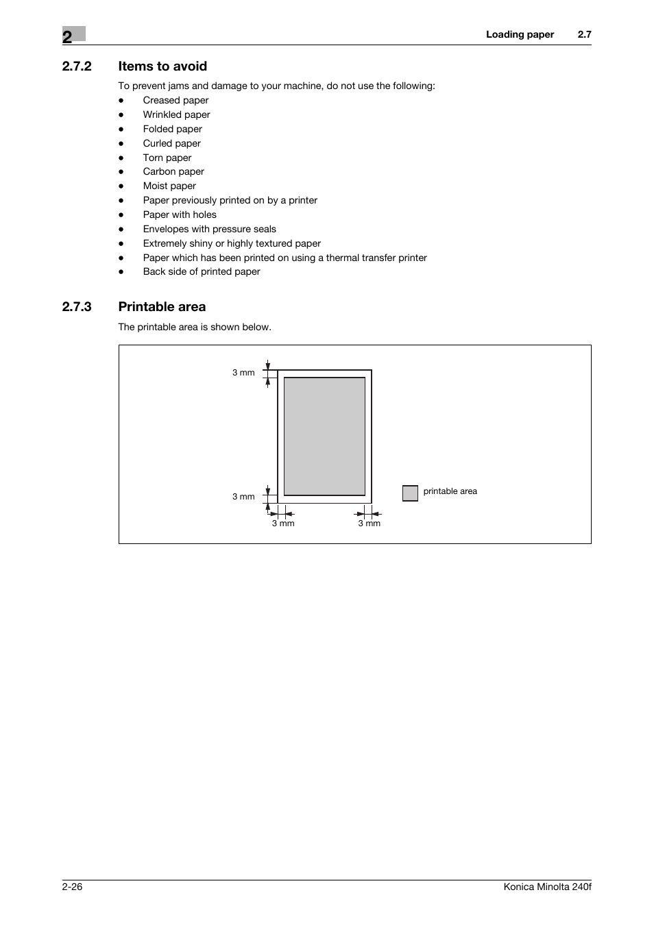 2 items to avoid, 3 printable area, Items to avoid -26 | Printable area -26 | Konica Minolta Konica Minolta 240f User Manual | Page 50 / 140